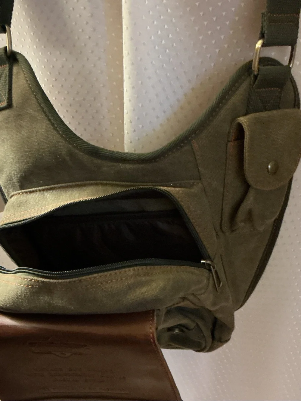 Kaukko Olive Canvas Messenger Bag with Brown Leather Details